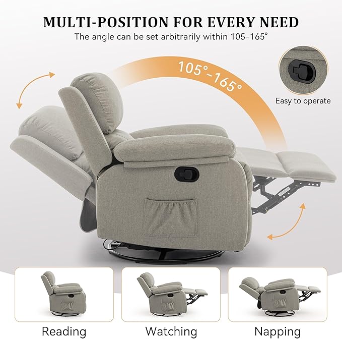 Recliner Chair 360 Swivel Rocker Chair for Adults Small Rocking Recliner for Small Spaces Upholstered Fabric Glider Recliner Nursery (Swivel Rocker Recliner Light Khaki)