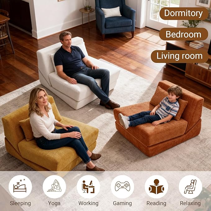 Folding Sofa Bed Chair Convertible Sleeper Sofa Couch Bed w/Pillow Lounge w/Back Support &amp Washable Cover for Living Room Bedroom Apartment Office (Yellow) | With ashable cover Foldable chai