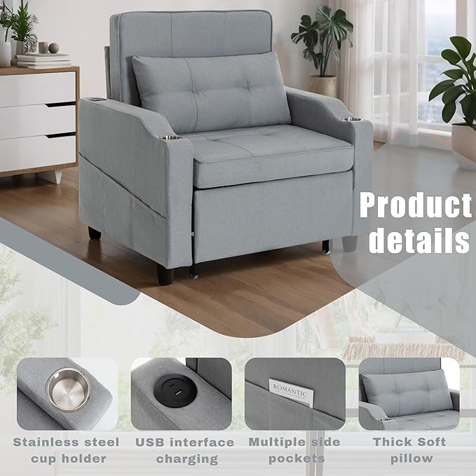 Sleeper Chair 5-in-1 Convertible Chair Bed Pull Out Adjustable Single Armchair Sofa Bed with USB PortsSide PocketCup Holder (Grey)