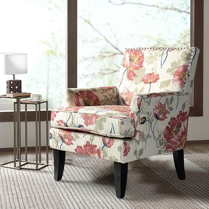 HULALA HOME Modern Accent Chair with Arms and Wooden Legs Mid Century Accent Chair Armchair High Back Rest Padded Armrest and Comfortable Cushioned Seat for Living Room (Red Yellow Floral)
