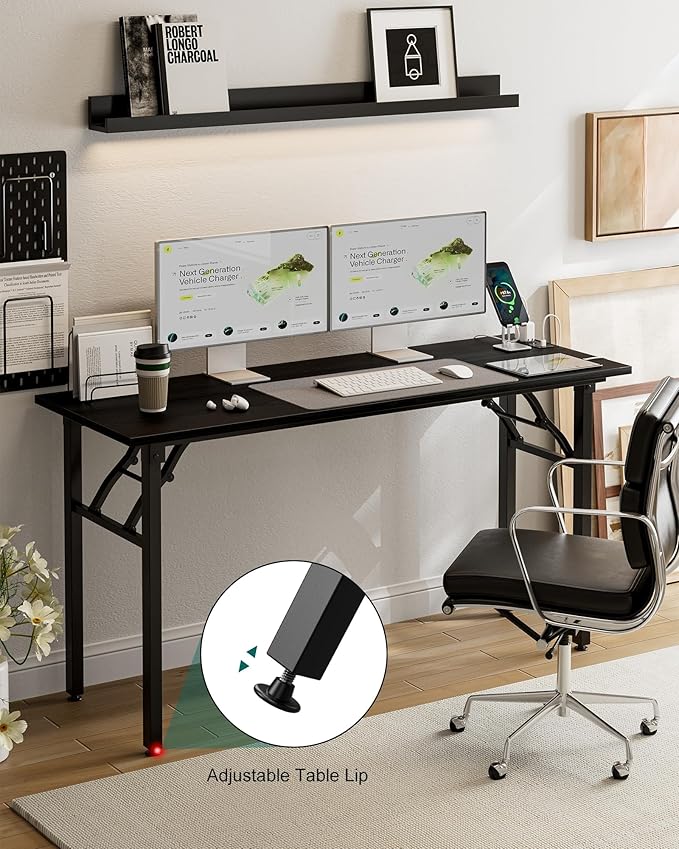 Frylr Small Folding Computer Desk – 55.1 Inch Portable Table for Craft and Study Lightweight Desk for Small Spaces Foldable Laptop Table Built-in AC/USB Outlets for Convenience Dark Oak