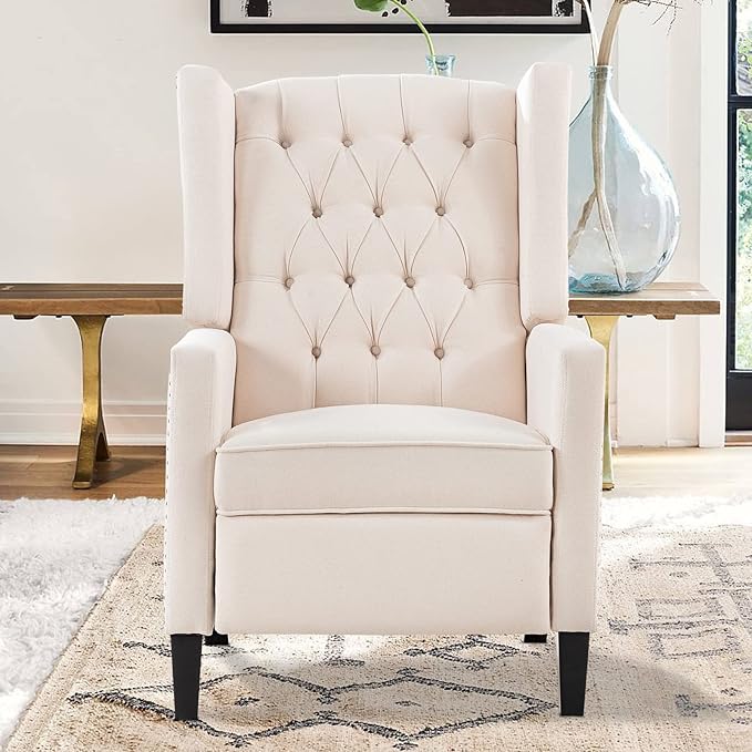 Fabric Recliner Chair Accent Living Room Chairs White Modern Mid-Century Recliner Button Tufted Club Chair Upholstered Reclining Reading Arm Chair 27 Wide