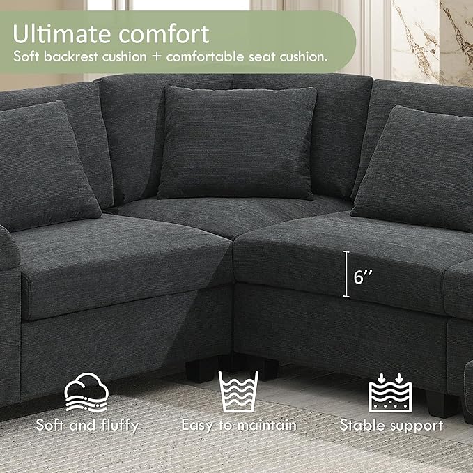 128*67 U Shaped Sectional Sofa 6 Seat Chenille Couch Set with Oversized Ottoman Hidden Armrest Storage and Cup Holders USB Charging Ports Wide Seat Sofa for Living Room Apartment Black