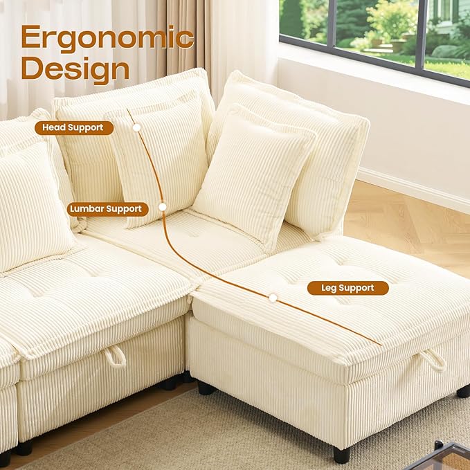 Modular Sectional Sofa 102.5 L-Shaped Cloud Couch with Storage 4-Seater Deep Seat Couch with Tufted Cushions &amp Removable Pillows Comfy Corduroy Couches for Living Room Beige | Modern couch