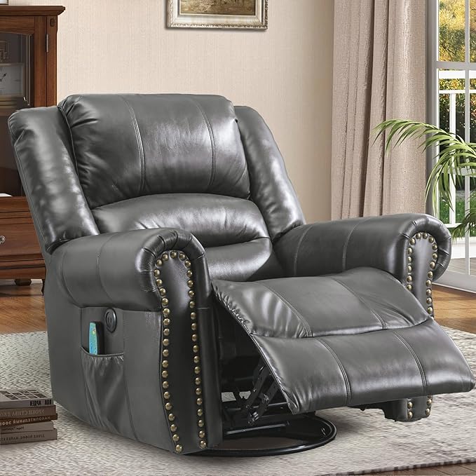 Manual Massage Recliner with Heating Function 360° Swivel Glider Rocking Recliner Chair for Living Room Ergonomic Single Sofa Chair with Remote Control/USB Ports/Side Pockets(Gray)