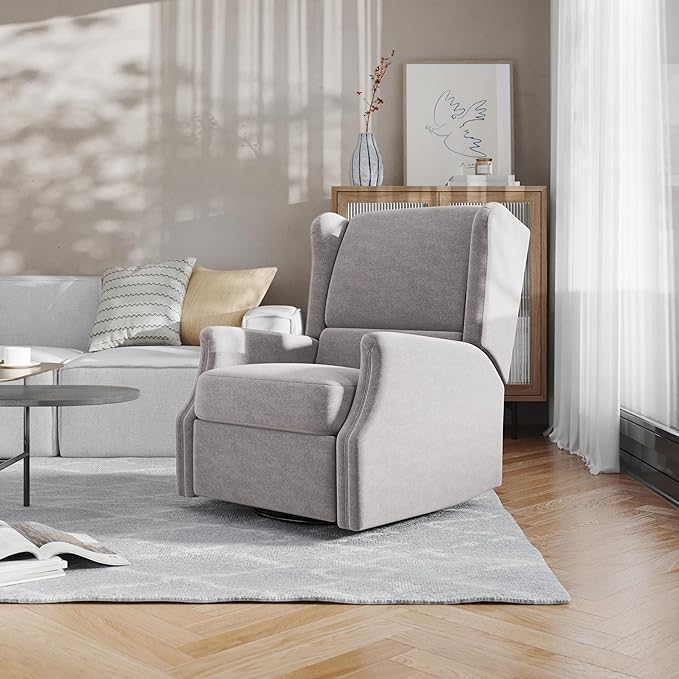 Flash Furniture Omma Swivel Glider Rocking Recliner Manual Wingback Recliner with 360 Degree Swivel for Living Room Bedroom or Nursery Upholstered Light Gray