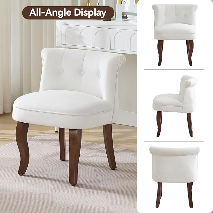 Velvet Vanity Chair with Back Tufted Upholstered Vanity Stool with Solid Wood Legs Mid Century Small Makeup Chair for Vanity Accent Chair for Bedroom Living Room White