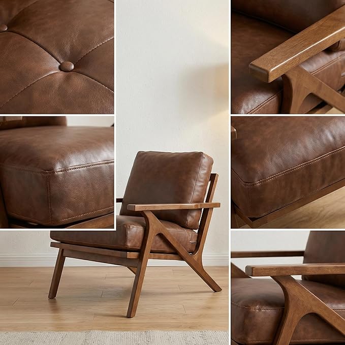 Mid Century Modern Accent Chair with Ottoman Farmhouse PU Upholstered Living Room Armchair and Ottoman Set 23 Seat Wide Retro Leisure Lounge Chair with Wood Frame for Home Bedroom Office Brown