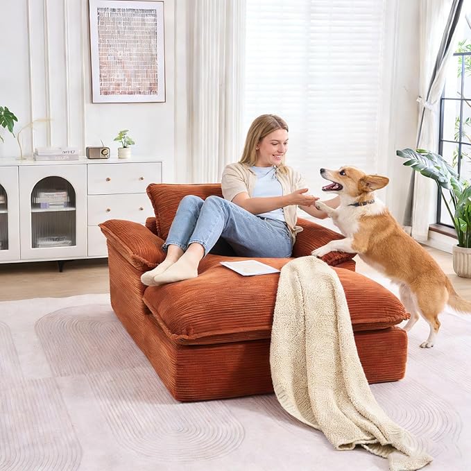 GNIXUU 67 Oversized Chaise Lounge Chair Indoor Corduroy Upholstered Boneless Sleeper Sofa Bed Comfy Large Reading Chair with Wide Armrests Plush Cloud Couch for Living Room Bedroom Orange | easy
