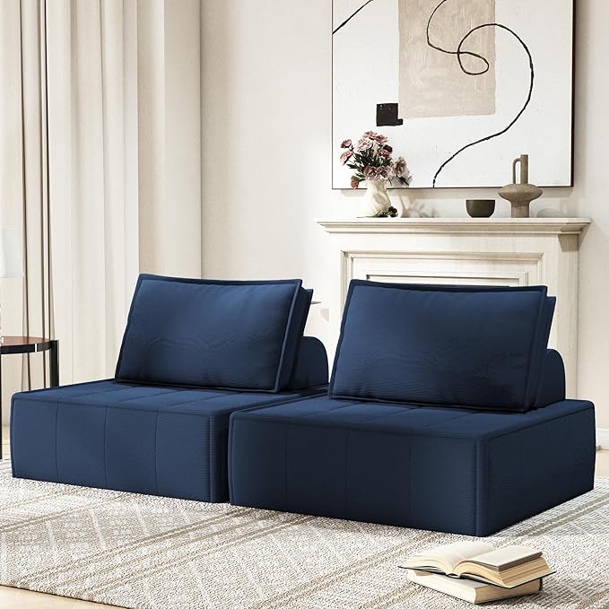 PurrJoys Modular Sectional Loveseat 2-Piece Deep Seat Corduroy Lounge Sofa with Movable Cushions Small Loveseat Couch for Living Room Bedroom Apartment Blue