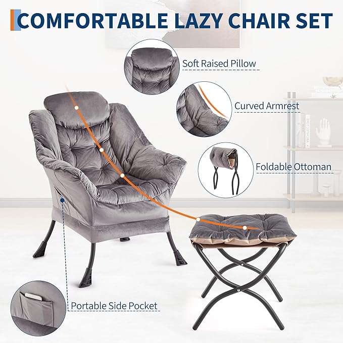 GarveeHome Lazy Chair with Ottoman Modern Lounge Accent Chair Leisure Sofa Armchair with Footrest Reading Armchair with Side Pocket for Living Room Bedroom Dorm &amp Office (Dark Grey 1PCS)