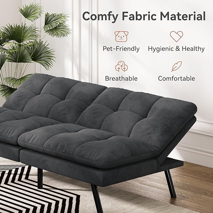 Convertible Futon Sofa Bed Memory Foam Futon Couch with Adjustable Backrest Folding Small Loveseat Sleeper Recliner for Living Room Apartments Bedroom or Office (Black)