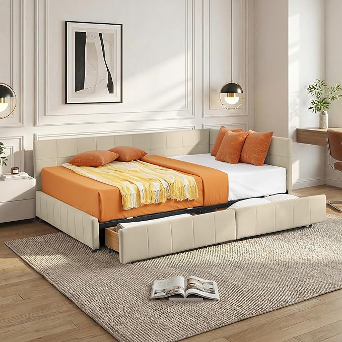 Full Corner Bed Frame with Storage Drawers Modern Velvet Upholstered Sofa Day Bed Frame with Wood Slats for Living Room Bedroom Guest Room No Box Spring Needed Beige