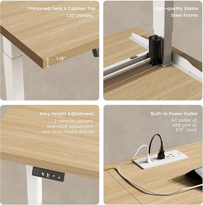 Home Office Furniture Set 114 Standing Desk with 2 File Cabinets AC/USB Extra Long Double Desk for 2 Person Electric Height Adjustable for Home and Office Light Walnut