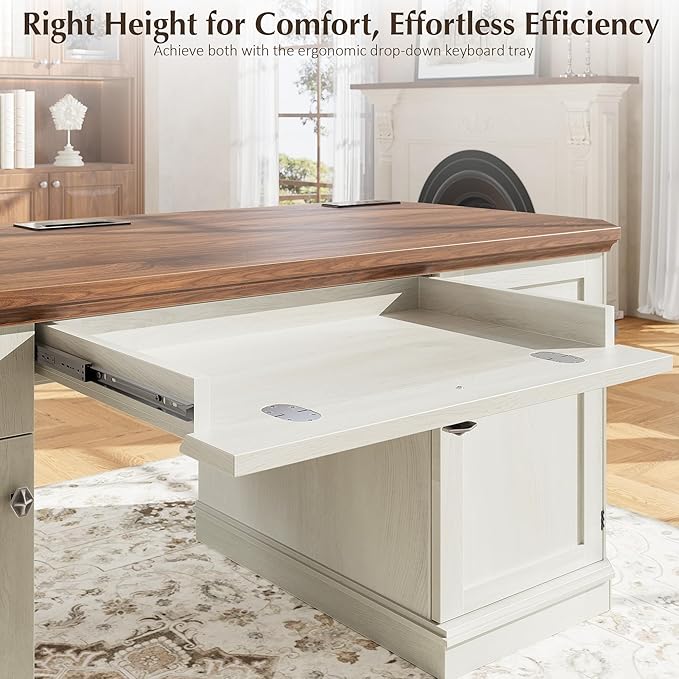 59 Classic Executive Desk with Storage Victorian Executive Desk with Charging Station Keyboard Tray 3 Drawers &amp Cabinet Storage &amp Pedestal Easy Assembly White