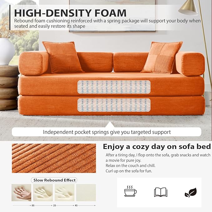 4-in-1 Folding Convertible Sofa Bed 78 Inch Boneless Couch with Fixed-Shape Frame Corduroy Loveseat Sleeper with Pull Out Bed Floor Sofa Modular Futon Couch for Living Room Bedroom Lounge (Orange)