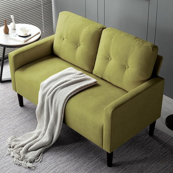 Loveseat Sofa Small Couch for Small Spaces Modern Linen Fabric 2-Seater Sofa with Solid Wood Legs Easy Assembly Apartment Couch for Living Room Office (Green)
