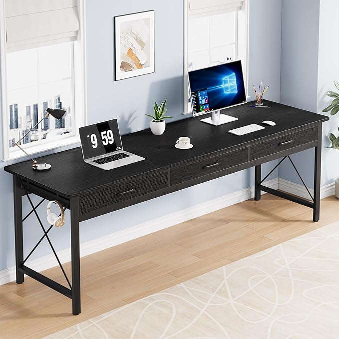78.7 inch Extra Long Computer Desk with 3 Drawers Two Person Office Desk Double Desk with Hooks Modern Industrial Writing Study Table Workstation for Home Office Black