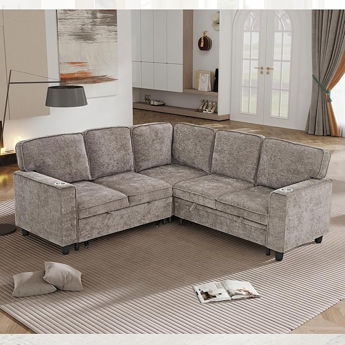ERYE L-Shaped Symmetrical Sleeper Sectional Sofa W/Pull Out Sleeper Couch Bed and Storage Seat for Living Room Chenille Tufted Corner Convertible Sofa Bed with USB-C Ports