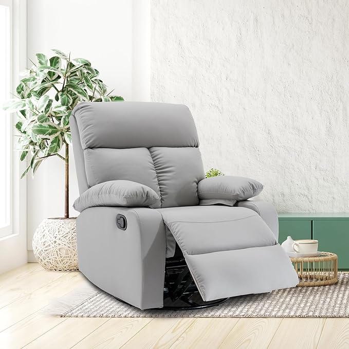 Swivel Rocker Recliner Small Recliners for Small Spaces with Overstuffed Arms and Back Manual Swivel Chairs for Living Room Nursery Bedroom Light Gray