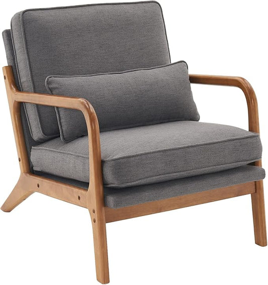 Mid-Century Armchair with Solid Wood FrameLiving Room Chair with Extra-Thick Padded Backrest and Seat CushionSingle Sofa Chairs with Non-Slip Feet105° Slop BackLinen Accent Chair for ClubOffice