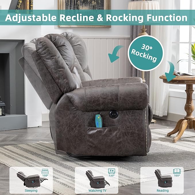 MEETWARM Massage Swivel Rocker Recliner with Heat and Vibration Manual Glider Rocking Recliner Chair 360°Swivel Lounge Reclining Chair with Remote Control/USB Ports for Living Room(Gray)