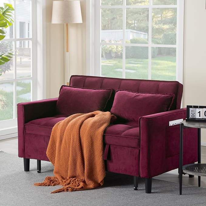3 in 1 Convertible Sofa Bed Love Seat Sleeper Bed with Side Pockets Velvet Fabric Pull Out Couch with Adjustable Backrest for Living Room Bedroom Apartment Purplish-Red