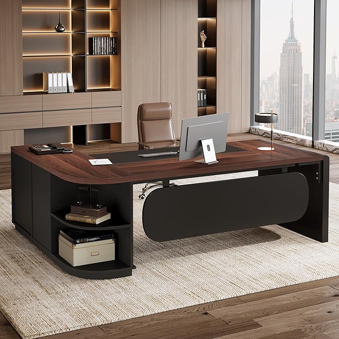 Tribesigns 81'' L-Shaped Executive Desk Large Modern Office Desk with Drawers and File Cabinet for Home or Business Workspace Computer Desk with Storage Shelves Walnut &amp Black