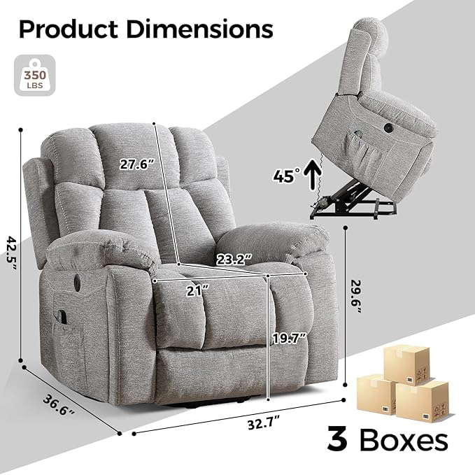 2 Power Lift Recliners with Massage and Heat for Elderly Electric Lifting Recliner Chair with Cup Holders &amp USB Port Oversized Single Reclining Sofa Set of 2 with Side Pocket Light Grey