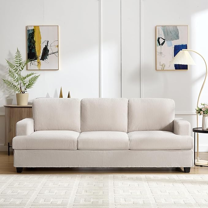 85 Inch Sofa with Side Pocket Corduroy Fabric 3 Seater Couch for Living Room Comfy Modern Small Couch for Bedroom Small Spaces Dorms Office Beige