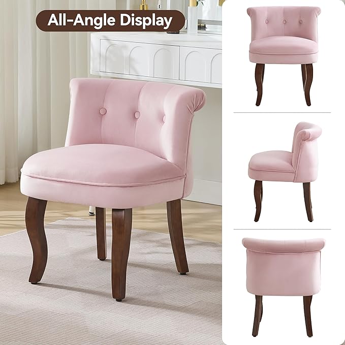 Velvet Tufted Vanity Chair with Back Upholstered Mid Century Vanity Stool with Solid Wood Legs Small Makeup Chair for Vanity Accent Chair for Bedroom Living Room Pink