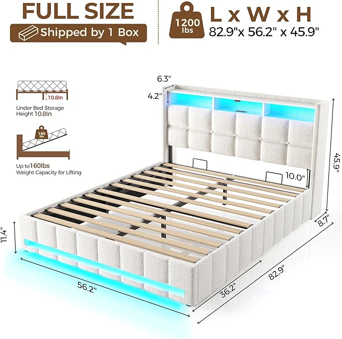 Rolanstar Bed Frame Full Size with Lift Up Storage Charging Station &amp LED Lights Upholstered Storage Headboard Heavy Duty Wooden Slats No Box Spring Needed Noise Free Easy Assembly Beige