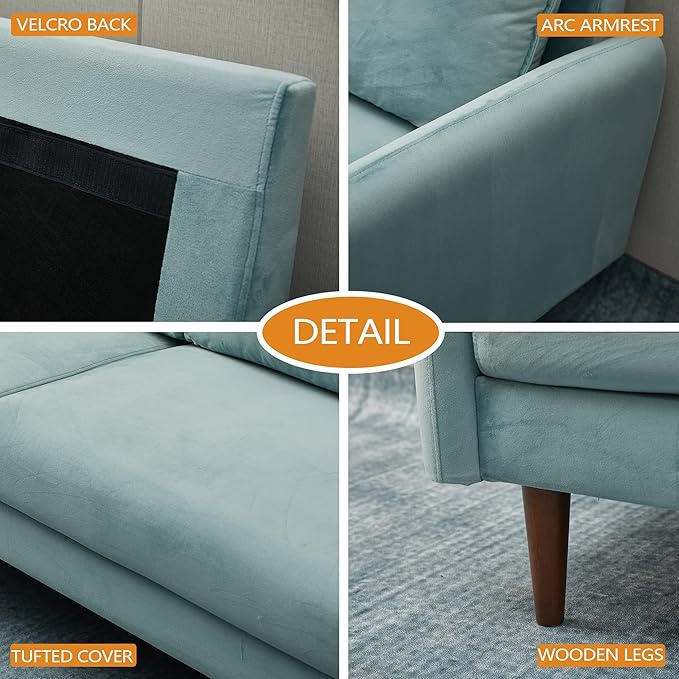 INSTORY Velvet Loveseat Mid-Century Modern Sofa Tufted Couch with Wooden Legs for Living Room - Cyan