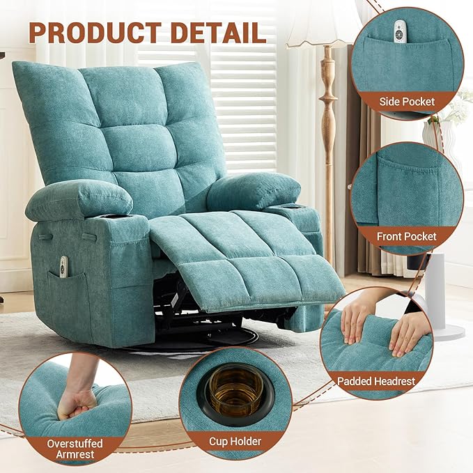 IDEALHOUSE Recliner Chair with Massage and Heat Swivel Rocker Recliner Chair with Side Pocket Cup Holders Ergonomic Rocking Sofa for Living Room Bedroom Light Blue