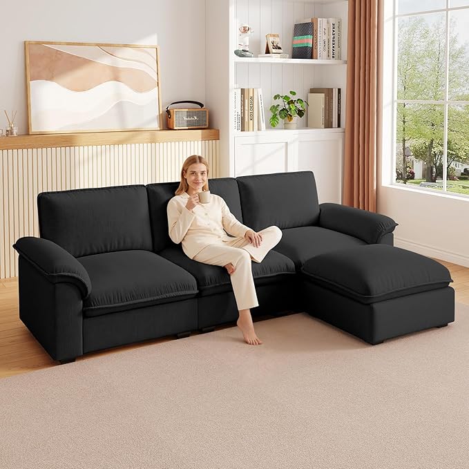 KEIKI 102 3Seat Modular Sectional Velvet Sofa Couch with Chaise Memory Foam for Urban Loft Small Space Style Conscious Urban Professionals Warm Inviting Comfy Supportive Premium Design Black