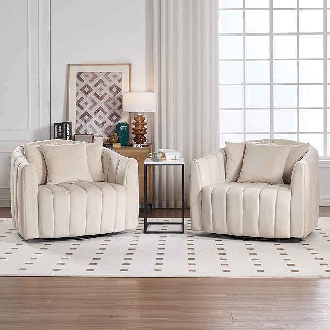 Chifee &amp Vingol 40.35 W Swivel Accent Barrel Chair 2PCS Velvet Round Barrel Chair with 3 Pillows 360 Degree Swivel Armchair for Living Room Bedroom Beige