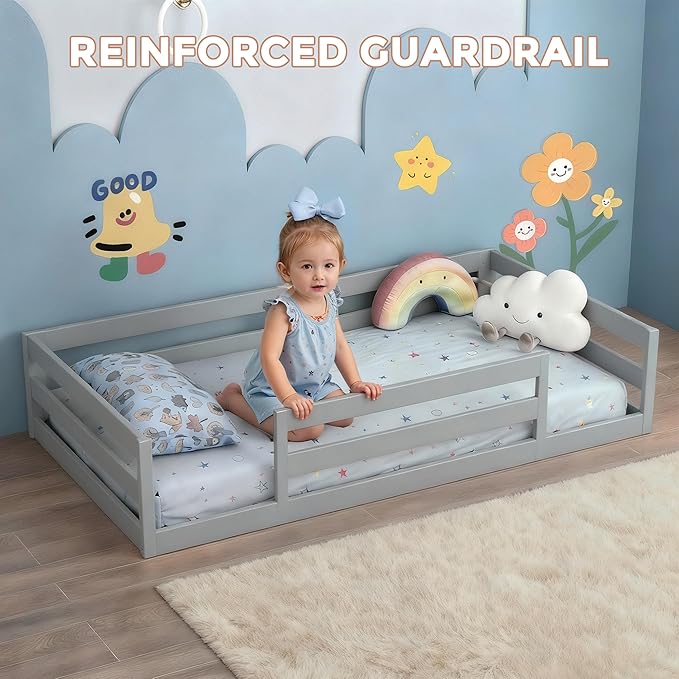 Twin Size Floor Bed for Kids Toddler Floor Bed with Safety Guardrails Solid Wood Montessori Bed Frame