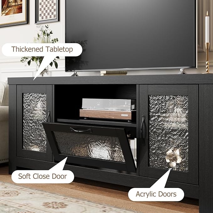IDEALHOUSE TV Stand for 65 Inch TV Farmhouse Entertainment Center with Acrylic Door Storage Cabinet &amp Adjustable Shelves TV Console Table for Living Room Bedroom Black