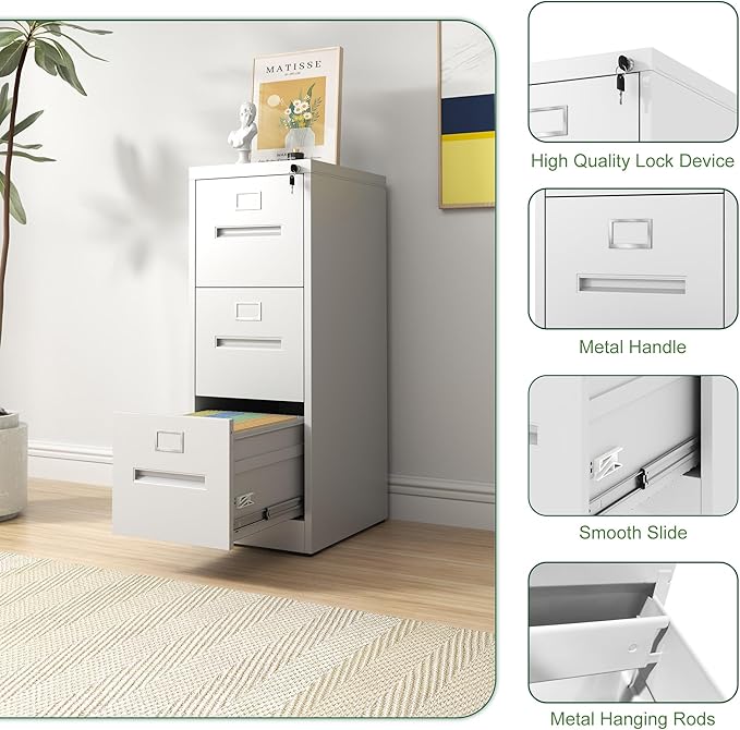 3 Drawer File Cabinet with Lock Small Metal Vertical Filing CabinetUnder Desk Storage Organizer for HomeOffice Locking DrawersAssembly RequiredWhite