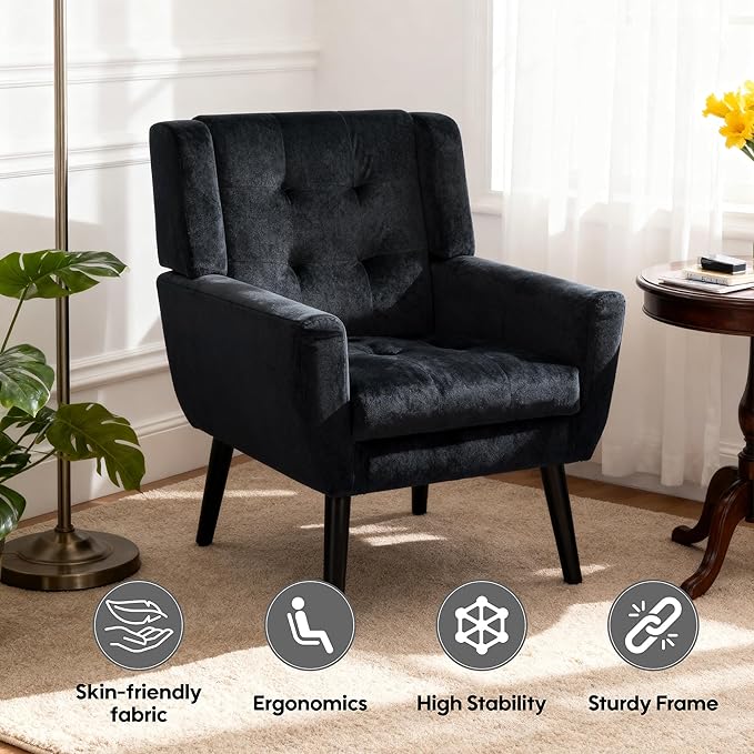 Set of 2 Velvet Accent Chair Mid-Century Modern Tufted Armchair for Living Room Bedroom &amp Office (Black)