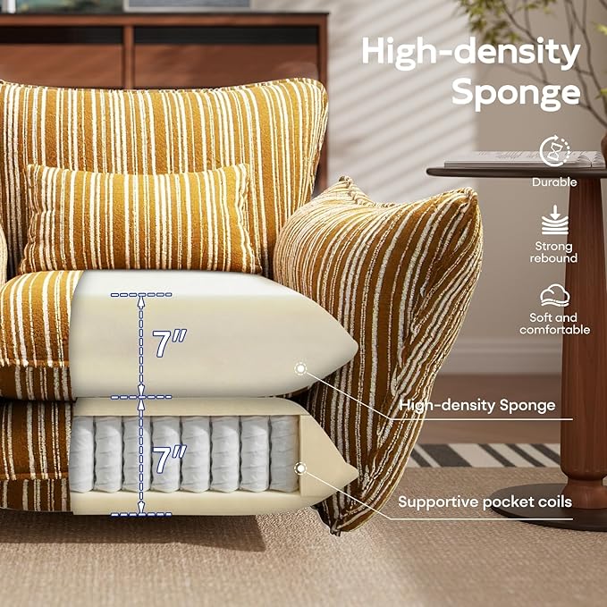 Oversized Chenille Accent Chair with Lumbar Pillow Yellow Stripe Wide Armrests Deep Seat 7 Inch High-Density Foam 350 lbs Capacity