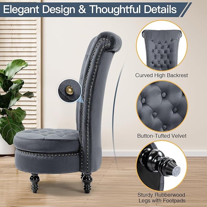 AVAWING High Back Throne Chair Velvet Royal Accent Chair Button-Tufted Armless Gothic Chair w/Storage Nailhead Trim Design &amp Rubber Wood Legs for Living Room &amp Bedroom Grey