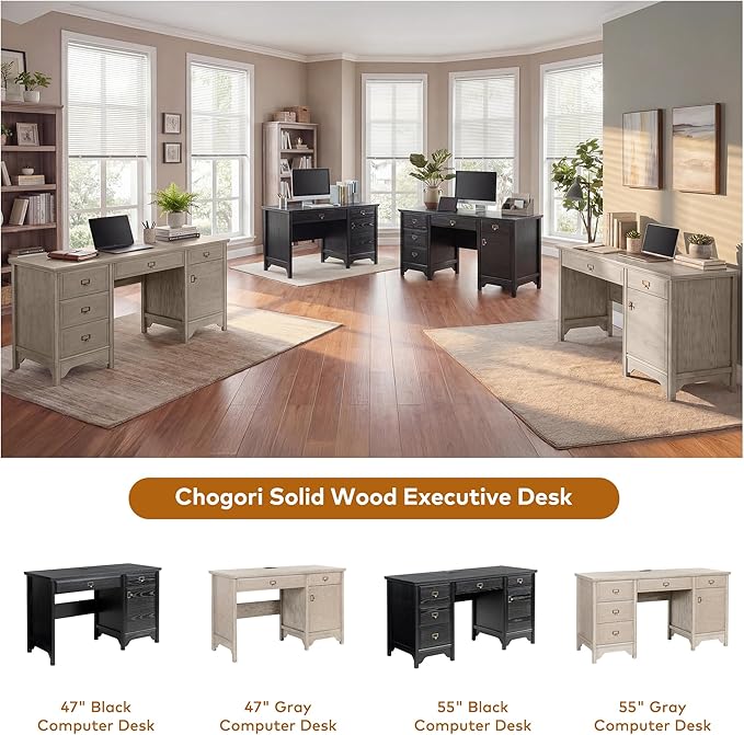 Chogori 55 Solid Wood Executive Desk Farmhouse Office Computer Desk with 5 Drawers &amp Storage Cabinet Wooden Writing Table for Home Office Study Bedroom (Gray)