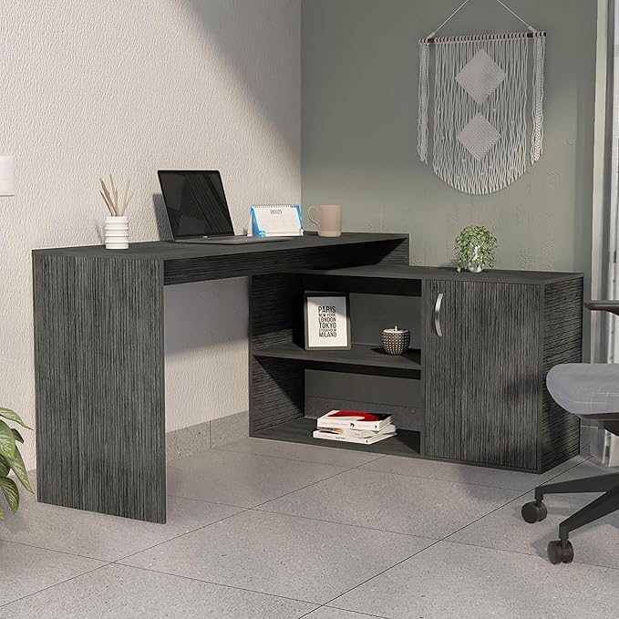 Penau L-Shaped Office Desk with 1 Drawer and 2 Shelves Smokey Oak Finish Corner Desk for Space Saving 59.64 Inches Wide Ideal for Home or Office Manufactured Wood Construction