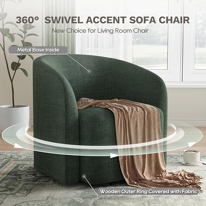 COLAMY Swivel Accent Chair Modern Barrel Round Chair Upholstered Comfy Living Room Chair with Armrest Armchair for Reading Room/Bedroom/Waiting Room/Office No Assembly Green