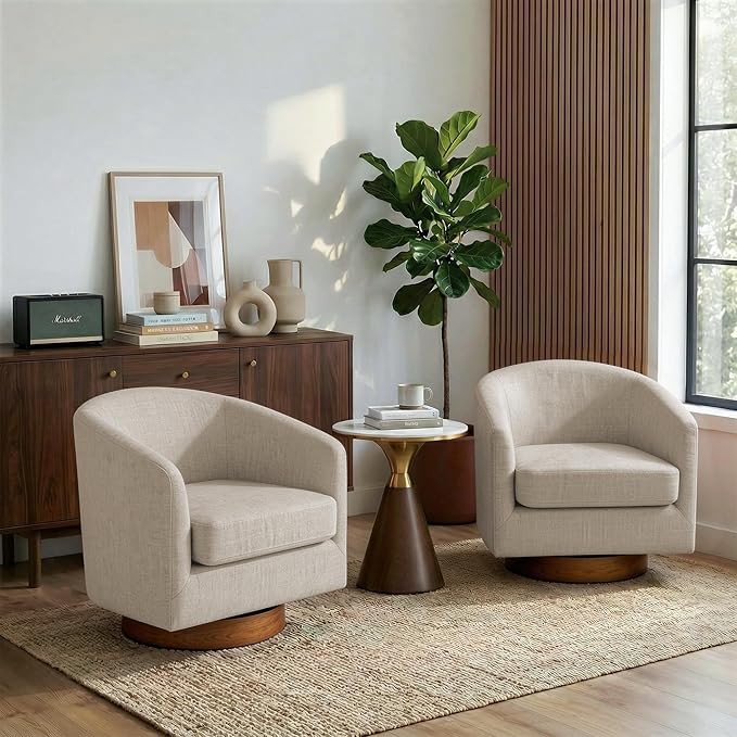 Swivel Barrel Chair 31 W Modern Round Swivel Accent Chair for Living Room 360° Rotation Upholstered Linen Fabric Armchair Club Chair for Bedroom Reading Room Office (Light Brown)