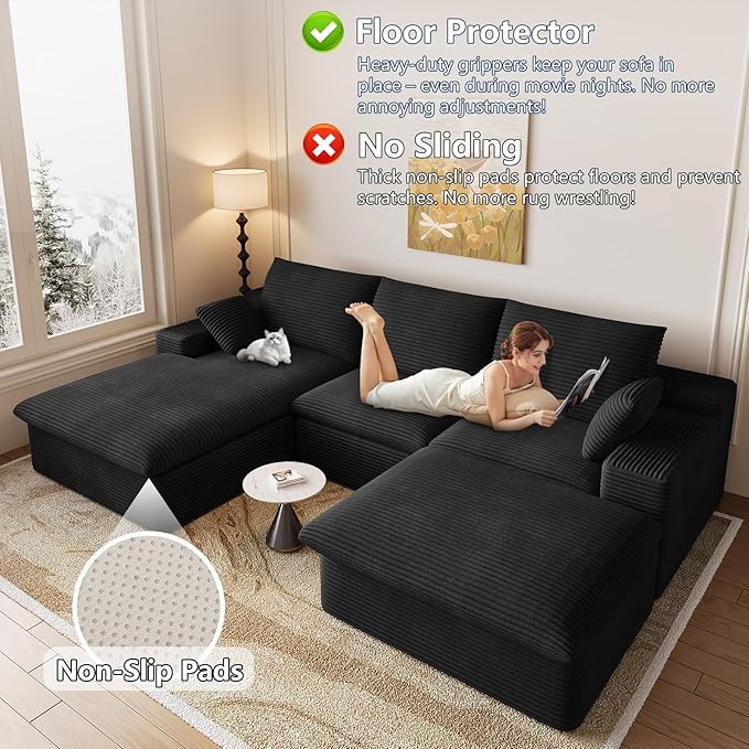 107 Cloud Couch Modular Sectional Sofa for Living Room U-Shape Boneless Couch with Deep Seat Modern Corduroy 3-Seater with Ottoman No Assembly Required (Jet BlackLeft-Facing Chaise)