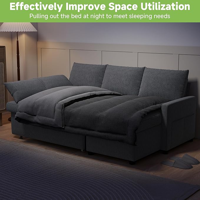 Real Relax 80'' Sofa Bed L Shaped Corduroy Sleeper Sofa Couch with Pull Out Bed and Chaise Storage for Living Room Apartment and Office Dark Gray