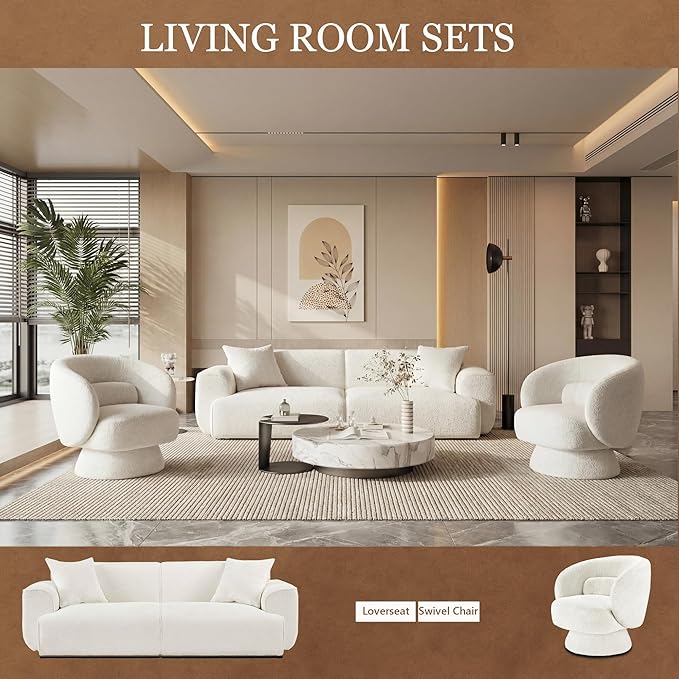 Modern 91'' Wide Cloud Couch Sofa Love Seat Couches W/Solid Frame Friendly Couch W/Boucle Couch Cozy Fabric with 2 Pillow &amp Rectangular Arm for Apartment White