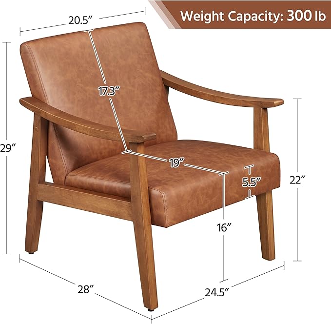 Yaheetech PU Leather Accent Chair Mid-Century Modern Armchair with Solid Wood Legs Reading Leisure Chair with High Back for Living Room Bedroom Waiting Room Light Brown